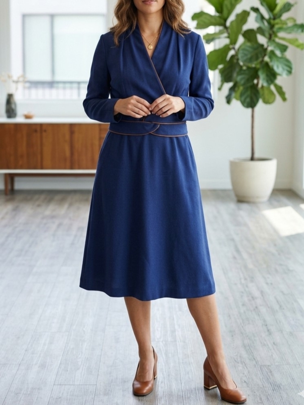 Rare THE FOLD London Virgin Wool Navy Blue w/ Copper Neck Line & Belt Trim Dress